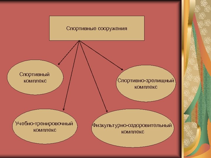 Спортивные сооружения Спортивный комплекс Учебно-тренировочный комплекс Спортивно-зрелищный комплекс Физкультурно-оздоровительный комплекс 