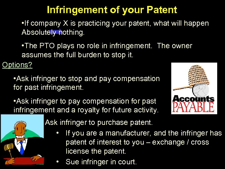 Infringement of your Patent • If company X is practicing your patent, what will
