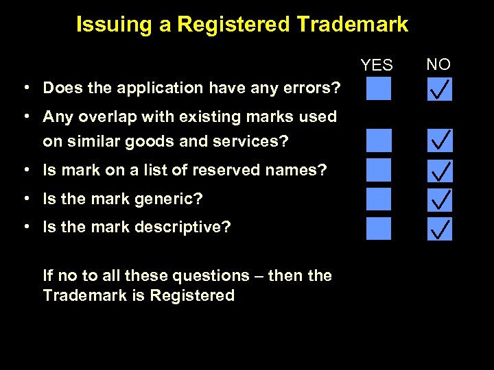 Issuing a Registered Trademark YES • Does the application have any errors? • Any