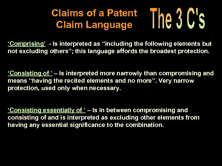 Claims of a Patent Claim Language ‘Comprising’ - Is interpreted as “including the following