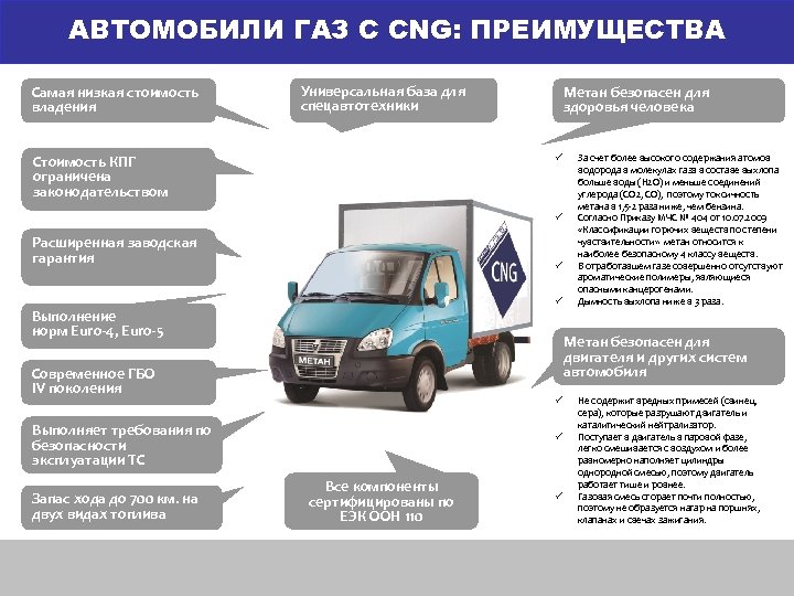 АВТОМОБИЛИ ГАЗ С CNG: ПРЕИМУЩЕСТВА Самая низкая стоимость владения Универсальная база для спецавтотехники Стоимость
