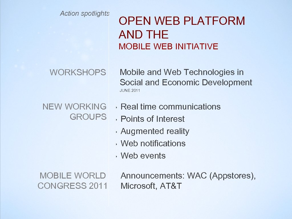 Action spotlights OPEN WEB PLATFORM AND THE MOBILE WEB INITIATIVE Mobile and Web Technologies