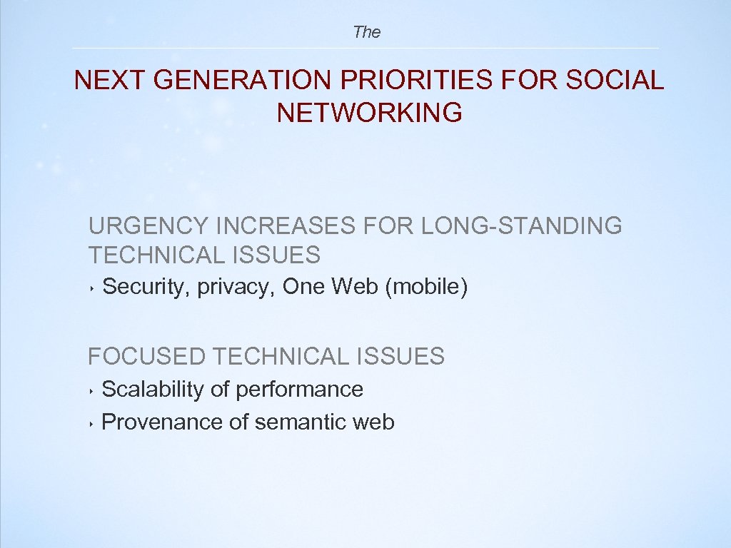 The NEXT GENERATION PRIORITIES FOR SOCIAL NETWORKING URGENCY INCREASES FOR LONG-STANDING TECHNICAL ISSUES ‣