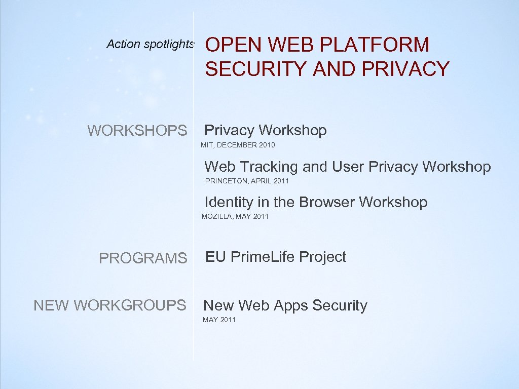 Action spotlights WORKSHOPS OPEN WEB PLATFORM SECURITY AND PRIVACY Privacy Workshop MIT, DECEMBER 2010