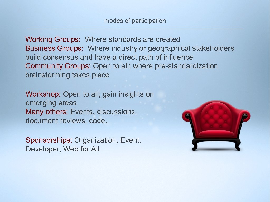 modes of participation Working Groups: Where standards are created Business Groups: Where industry or