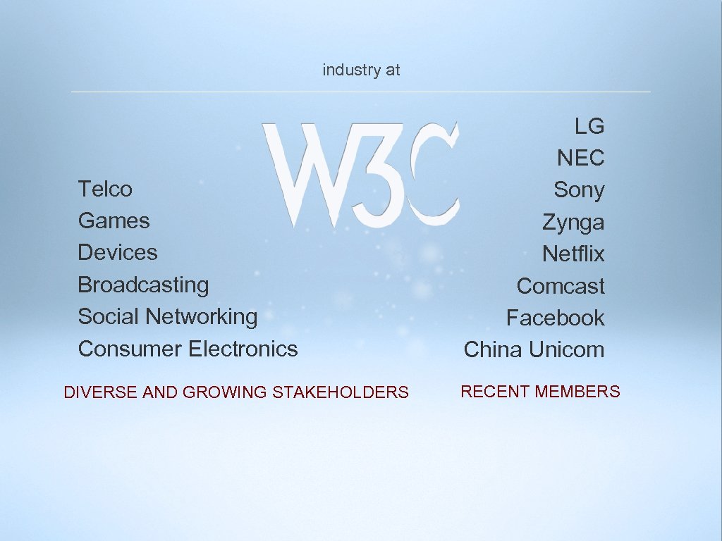 industry at Telco Games Devices Broadcasting Social Networking Consumer Electronics DIVERSE AND GROWING STAKEHOLDERS