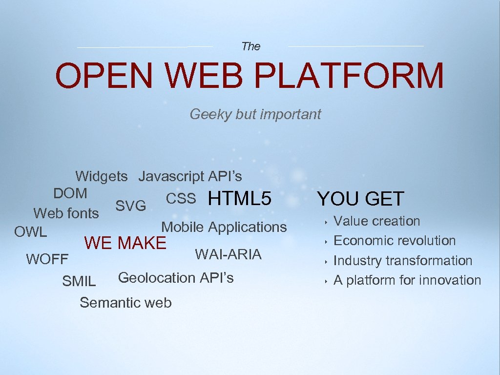 The OPEN WEB PLATFORM Geeky but important Widgets Javascript API’s DOM SVG CSS HTML