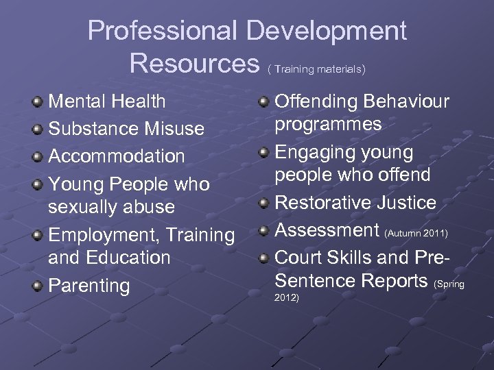 Professional Development Resources ( Training materials) Mental Health Substance Misuse Accommodation Young People who