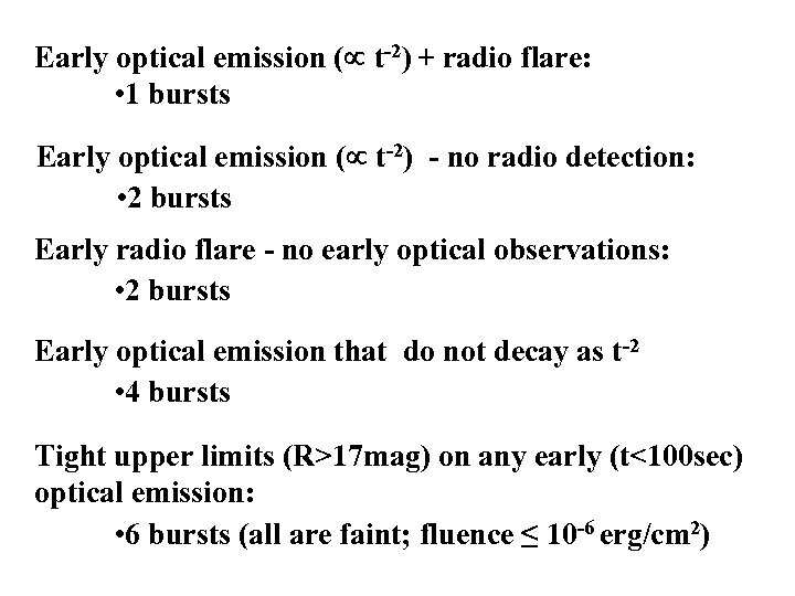 Early optical emission ( t-2) + radio flare: • 1 bursts Early optical emission