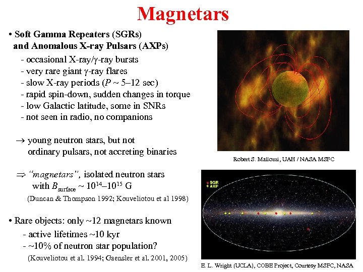 Magnetars • Soft Gamma Repeaters (SGRs) and Anomalous X-ray Pulsars (AXPs) - occasional X-ray/