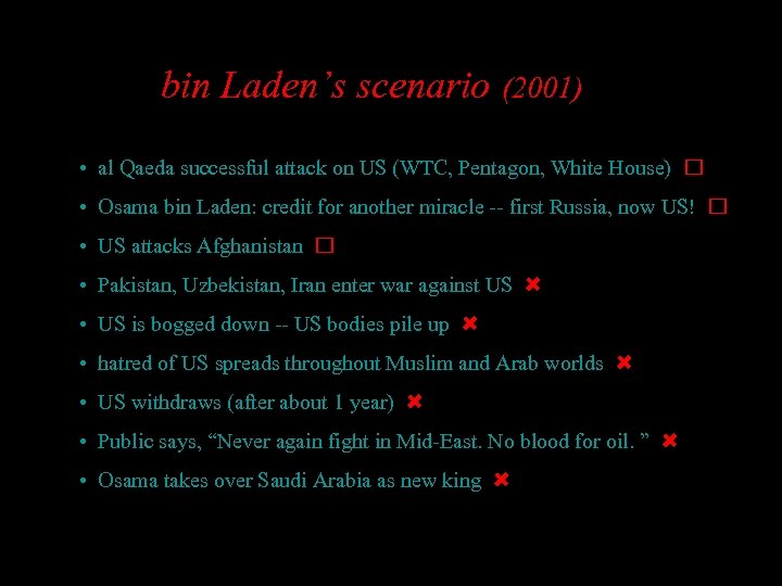 bin Laden’s scenario (2001) • al Qaeda successful attack on US (WTC, Pentagon, White