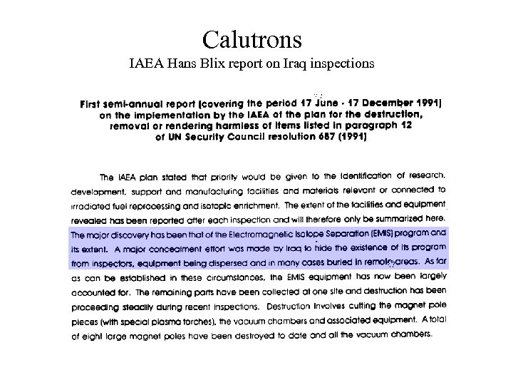 Calutrons IAEA Hans Blix report on Iraq inspections 