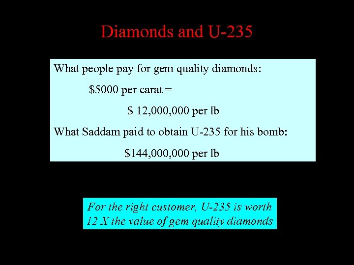 Diamonds and U-235 What people pay for gem quality diamonds: $5000 per carat =