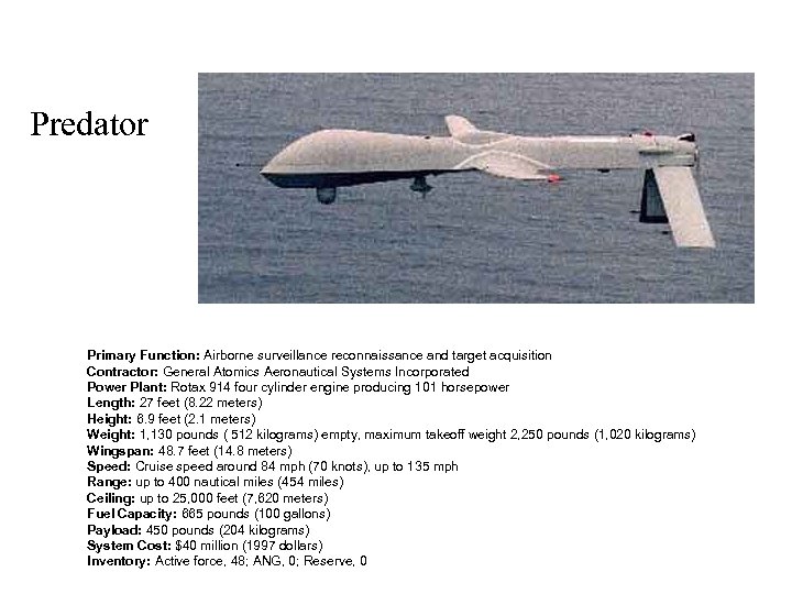 Predator Primary Function: Airborne surveillance reconnaissance and target acquisition Contractor: General Atomics Aeronautical Systems