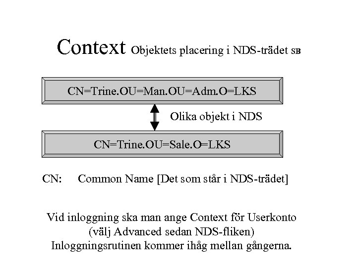 Context Objektets placering i NDS-trädet SB CN=Trine. OU=Man. OU=Adm. O=LKS Olika objekt i NDS