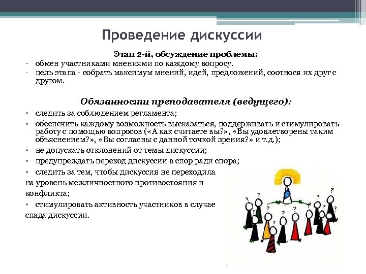 Проведение дискуссии Этап 2 -й, обсуждение проблемы: - обмен участниками мнениями по каждому вопросу.