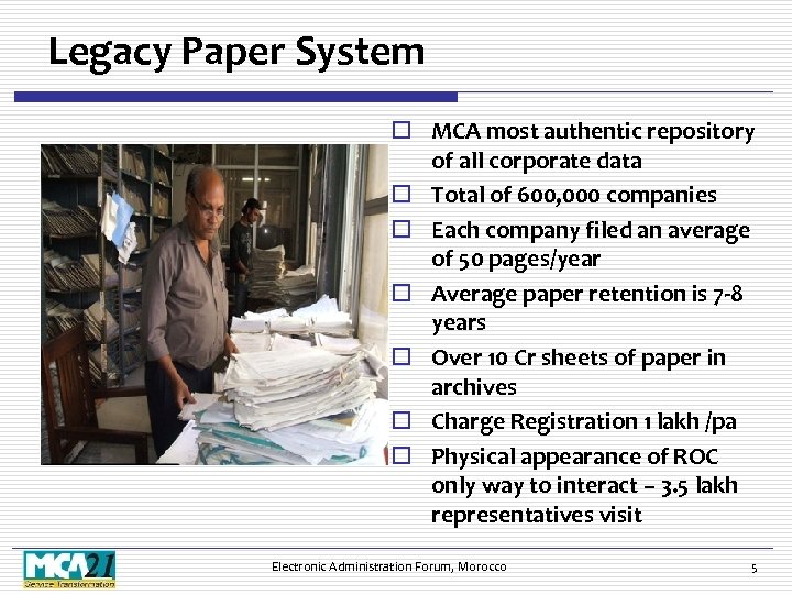 Legacy Paper System o MCA most authentic repository of all corporate data o Total