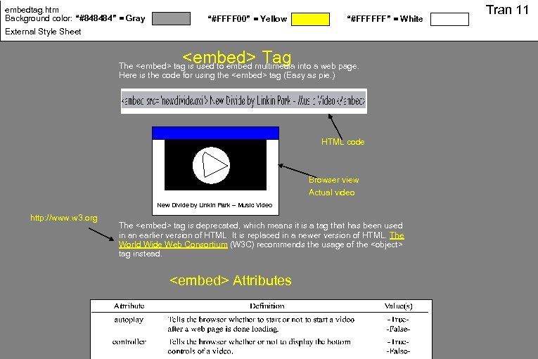 embedtag. htm Background color: “#848484” = Gray “#FFFF 00” = Yellow “#FFFFFF” = White