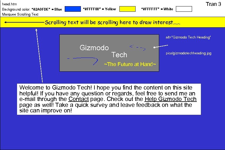 head. htm Background color: “#2 A 0 FDE” = Blue Marquee Scrolling Text “#FFFF