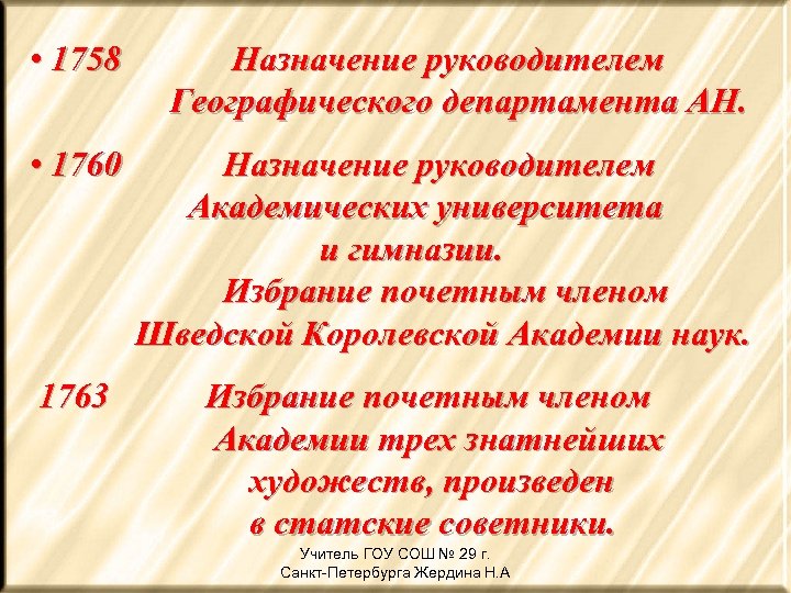  • 1758 Назначение руководителем Географического департамента АН. • 1760 Назначение руководителем Академических университета