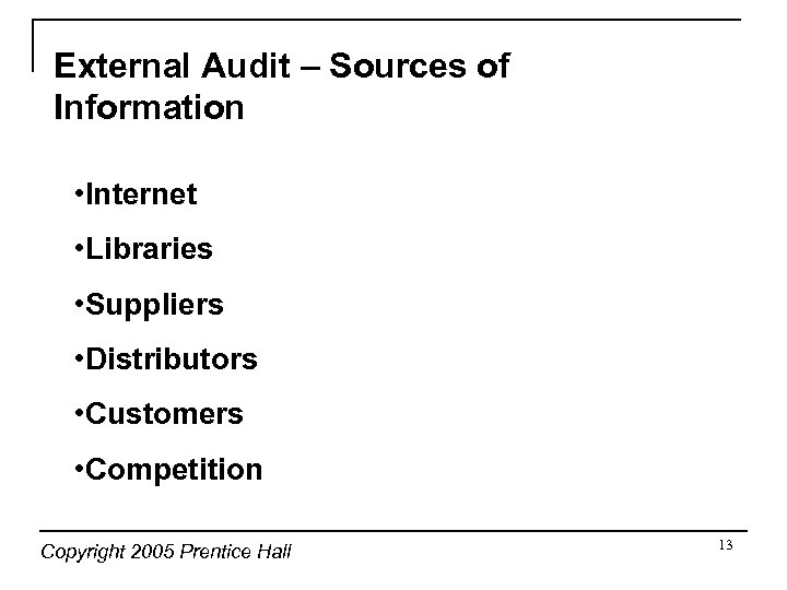 External Audit – Sources of Information • Internet • Libraries • Suppliers • Distributors