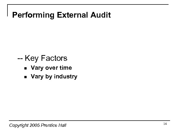 Performing External Audit -- Key Factors n n Vary over time Vary by industry