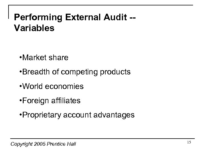 Performing External Audit -Variables • Market share • Breadth of competing products • World