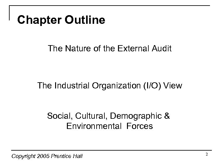 Chapter Outline The Nature of the External Audit The Industrial Organization (I/O) View Social,