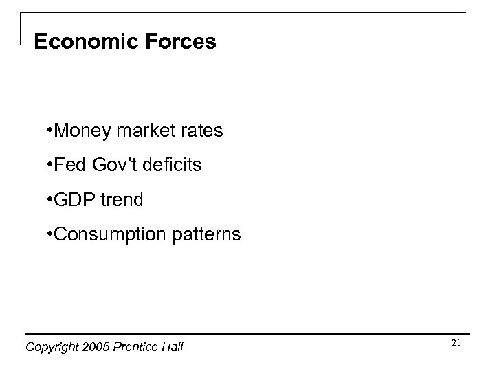 Economic Forces • Money market rates • Fed Gov’t deficits • GDP trend •