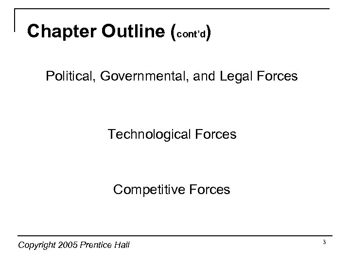 Chapter Outline (cont’d) Political, Governmental, and Legal Forces Technological Forces Competitive Forces Copyright 2005