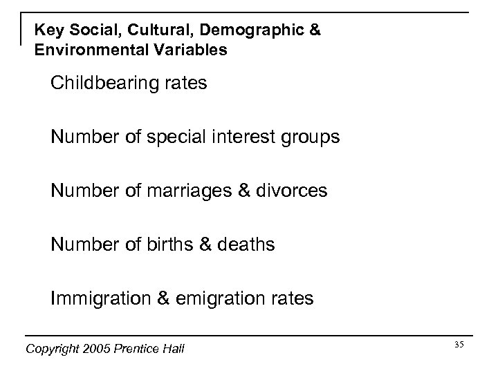 Key Social, Cultural, Demographic & Environmental Variables Childbearing rates Number of special interest groups