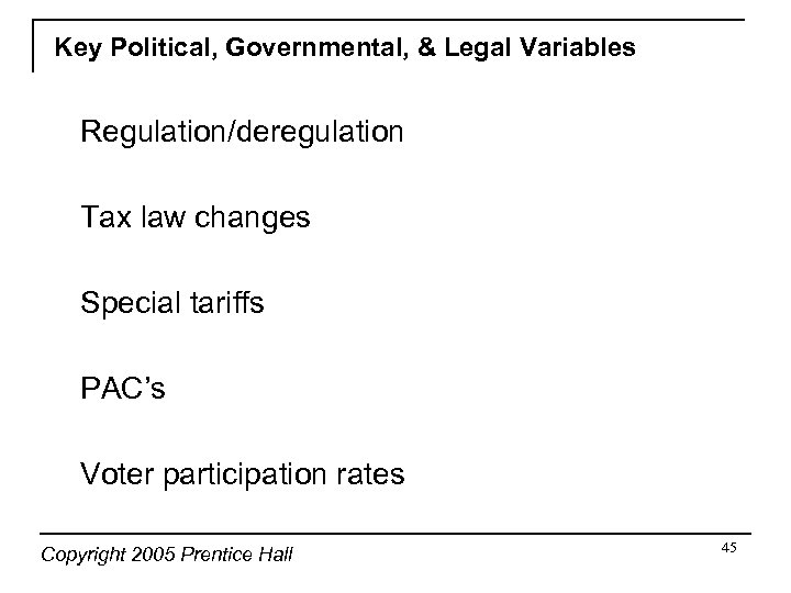 Key Political, Governmental, & Legal Variables Regulation/deregulation Tax law changes Special tariffs PAC’s Voter