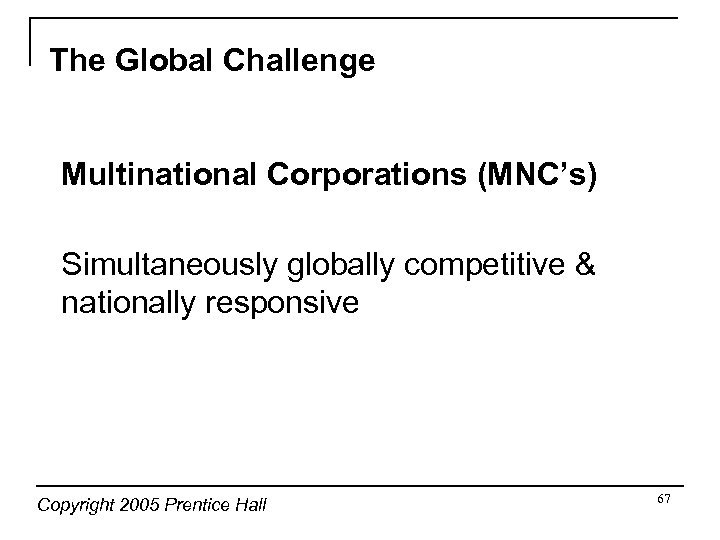 The Global Challenge Multinational Corporations (MNC’s) Simultaneously globally competitive & nationally responsive Copyright 2005