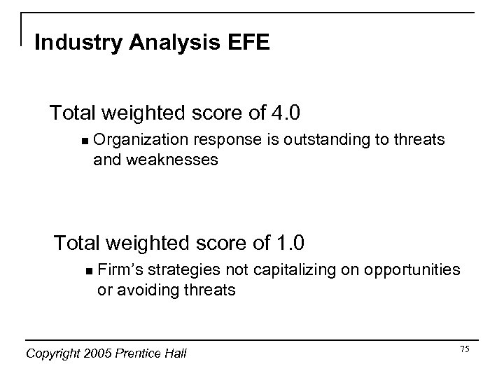 Industry Analysis EFE Total weighted score of 4. 0 n Organization response is outstanding