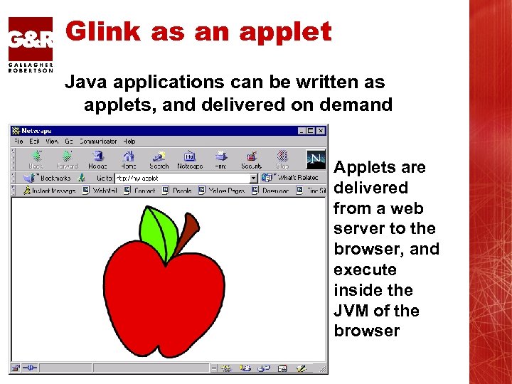 Glink as an applet Java applications can be written as applets, and delivered on