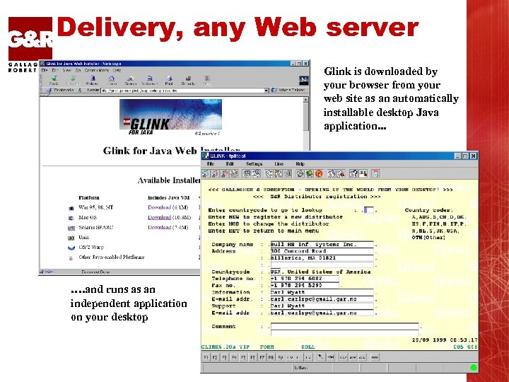 Delivery, any Web server Glink is downloaded by your browser from your web site