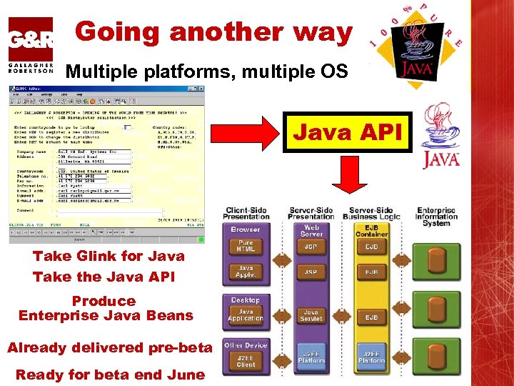 Going another way Multiple platforms, multiple OS Java API Take Glink for Java Take