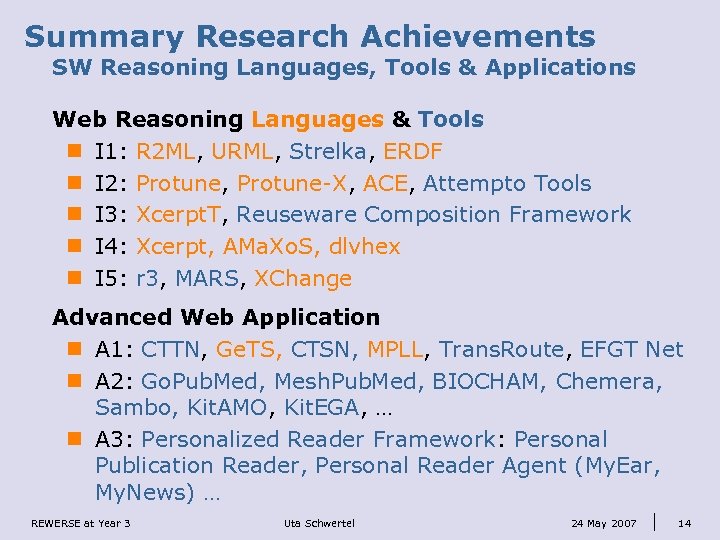 Summary Research Achievements SW Reasoning Languages, Tools & Applications Web Reasoning Languages & Tools