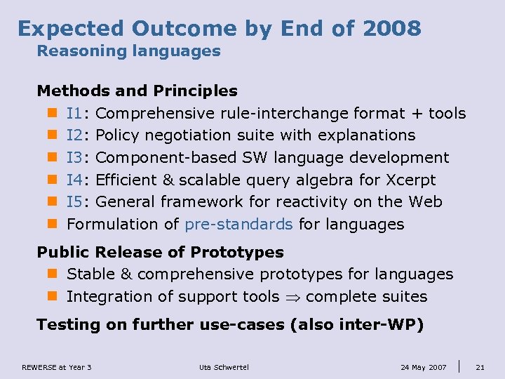 Expected Outcome by End of 2008 Reasoning languages Methods and Principles n I 1: