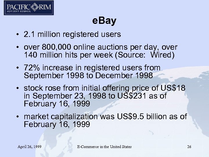e. Bay • 2. 1 million registered users • over 800, 000 online auctions