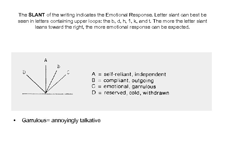 The SLANT of the writing indicates the Emotional Response. Letter slant can best be