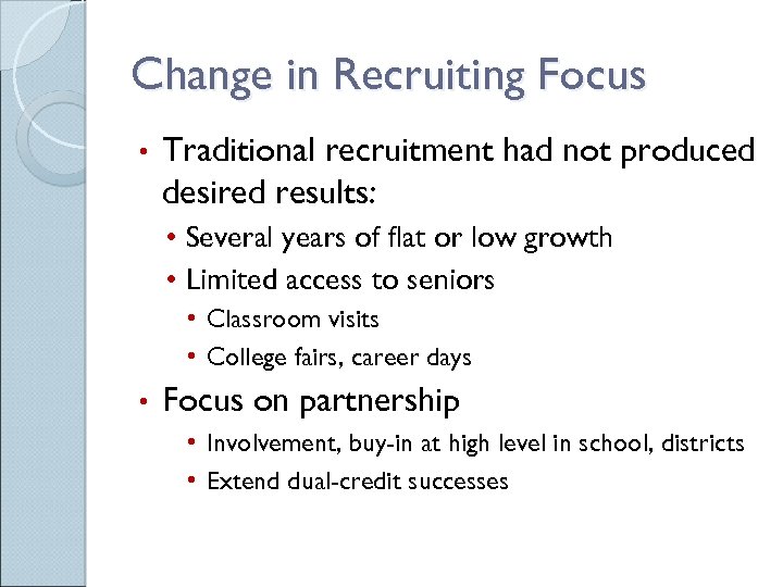 Change in Recruiting Focus • Traditional recruitment had not produced desired results: • Several