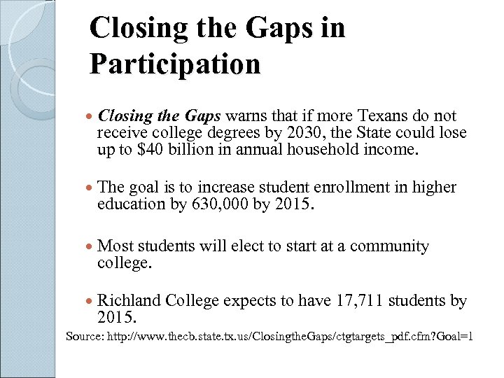 Closing the Gaps in Participation Closing the Gaps warns that if more Texans do