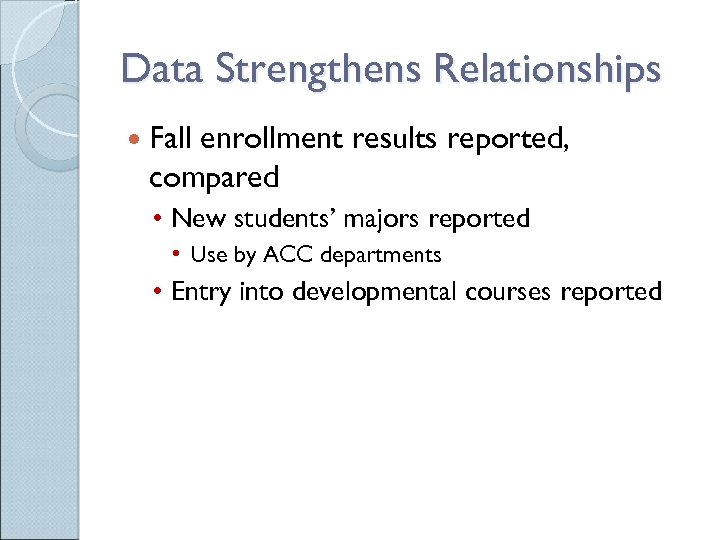 Data Strengthens Relationships Fall enrollment results reported, compared • New students’ majors reported •