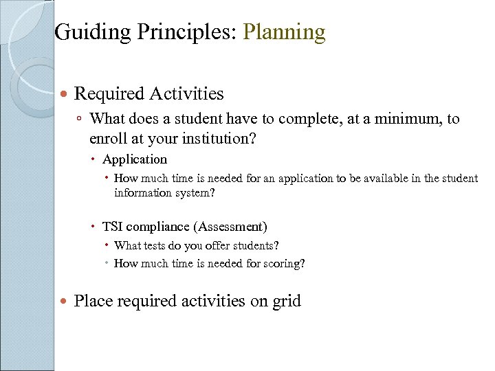 Guiding Principles: Planning Required Activities ◦ What does a student have to complete, at