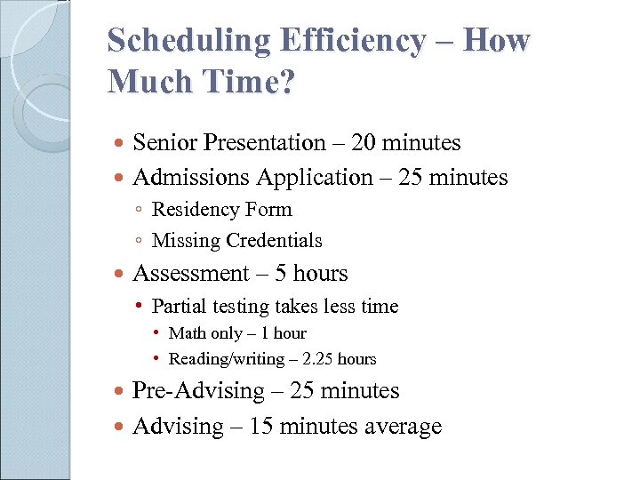 Scheduling Efficiency – How Much Time? Senior Presentation – 20 minutes Admissions Application –