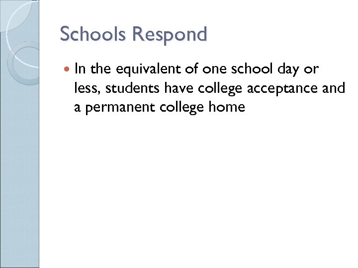 Schools Respond In the equivalent of one school day or less, students have college