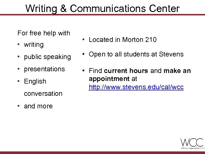 Writing & Communications Center For free help with • writing • Located in Morton
