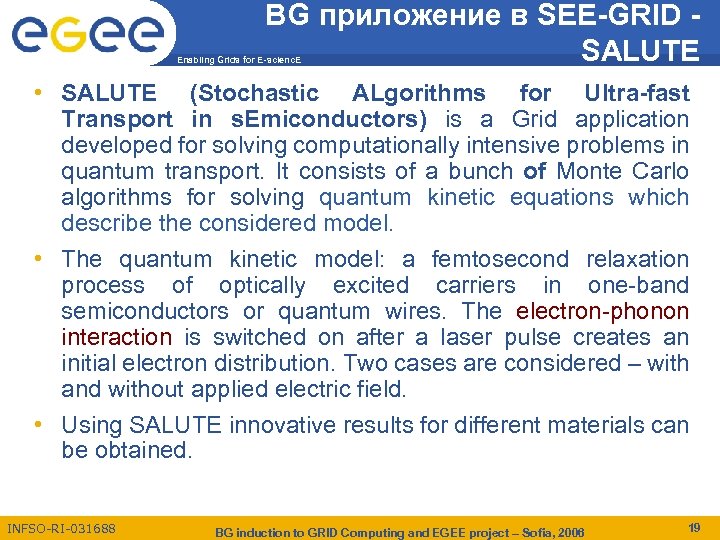 BG приложение в SEE-GRID SALUTE Enabling Grids for E-scienc. E • SALUTE (Stochastic ALgorithms