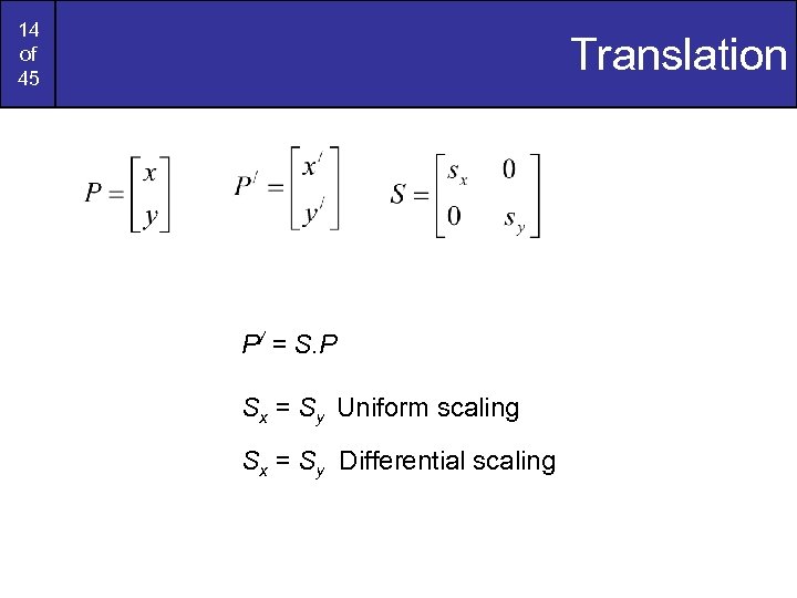 14 of 45 Translation P/ = S. P Sx = Sy Uniform scaling Sx